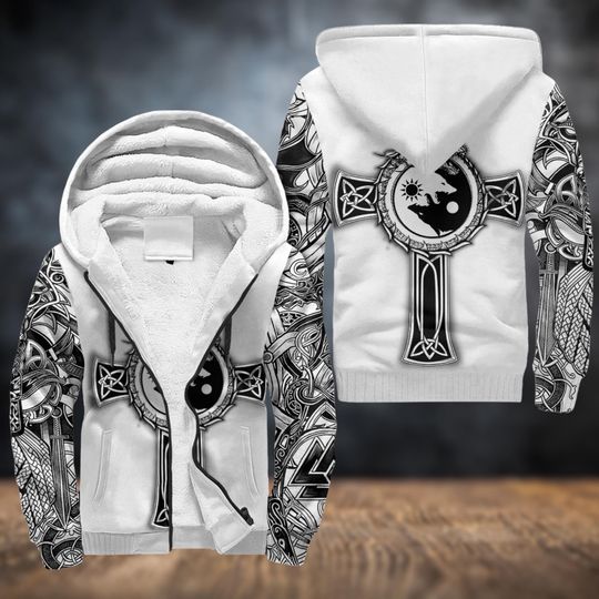 Discover 3D Viking Yin Yang Wolf Cross Fleece Zip Hoodie, Nordic Mythology Winter Jacket, Celtic Knot Cross Warrior Apparel