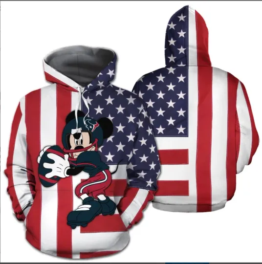 Discover Houston Texans Football Team American Flag Disney Mickey 3D Hoodie