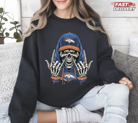 Broncos Skull Football Sweatshirt, Gift for Fan