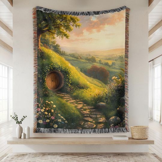 Discover Halfling Book Blanket, Round Door Cottage Fantasy Tapestry, Fairytale Landscape Woven Wall Hanging,  Wizard Elf Dwarf Dragon Book Lover Gift