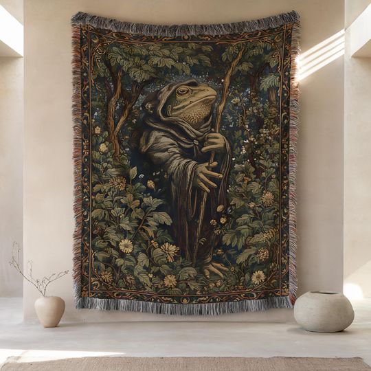 Discover Wizard Frog Woven Blanket | Frog Lover Medieval Woven Throw | Magical Fantasy Home Decor Tapestry | Stained Glass Religious Throw