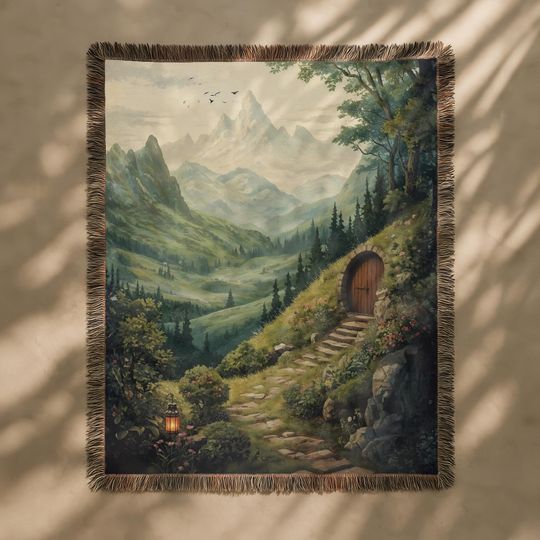 Discover Halfling Fantasy Tapestry, Round Door Cottage Woven Wall Hanging, Bookish Landscape Large Tapestry, Wizard Elf Dwarf Story Book Lover Gift