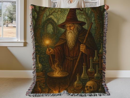 Cottagecore Woven Blanket: Enchanted Forest Wizard Design
