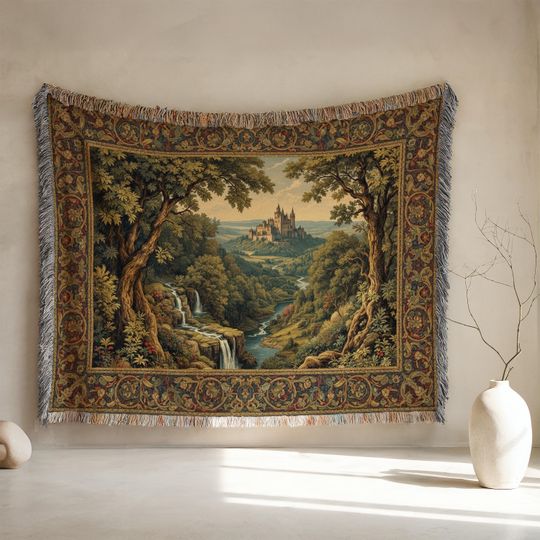 Discover Medieval Castle Woven Blanket: Cotton Tapestry Throw, Fantasy Home Decor