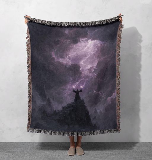 Discover Wizard Magic Lightning Woven Blanket  , Sorcerer Fantasy Woven Throw Blanket, Mythical Dark Clouds Woven Blanket, Occult Mystic.