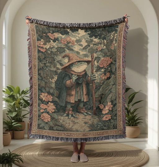 Magical Frog Wizard  Woven Blanket, Cottagecore Fantasy Throw, Whimsical Nature Lover Tapestry Art, Vintage Aesthetic Home Decor