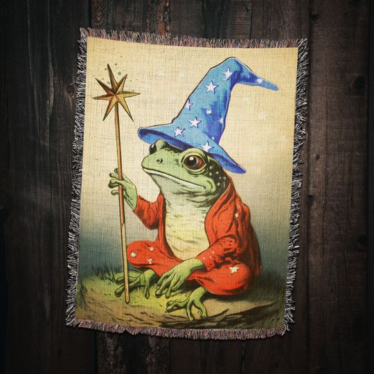 Discover Wizard Frog Woven Throw Blanket: Vintage Magic Decor