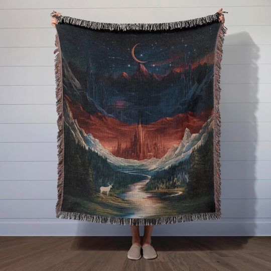Discover Woven Tapestry Blanket  Fantasy Bookish Celestial Mountain City Scene