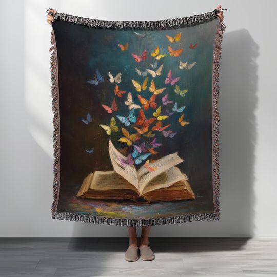 Discover Butterfly Book Woven Blanket, Fairycore Fantasy Tapestry, Romantasy Booklover Throw
