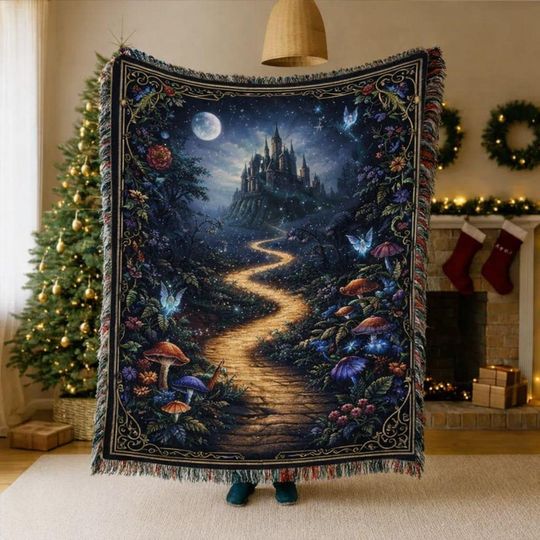 Discover Enchanted Castle Night Woven Throw Blanket, Fairy Fantasy Path Tapestry, Magical Woodland Wall Hanging Decor