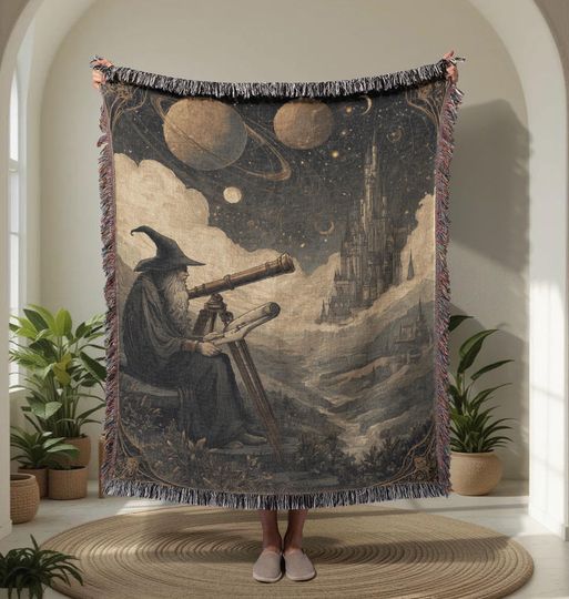 Discover Wizard Astronomy 100% Cotton Woven Blanket, Fantasy Magic Woven Blanket, Stargazer Telescope Woven Blanket, Celestial Planets Woven Blanket