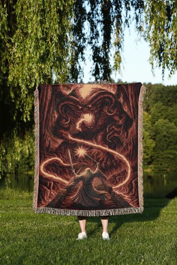 Discover Epic Fantasy Battle Woven Blanket: Wizard vs Fire Demon Tapestry, Shadow and Flame Wall Art, Dungeons Decor, RPG Gamer Gift