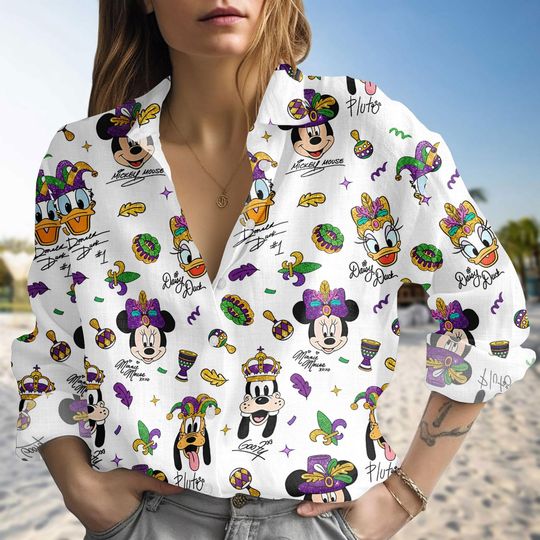 Discover Mickey and Friends Mardi Gras Linen-Look Shirt, Disney Mardi Gras Carnival Celebration Blouse Shirt, Happy Mardi Gras 2026 Shirt