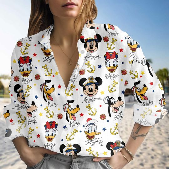 Discover Mickey and Friends Signatures Blouse Shirt, Disney Cruise Character Linen-Look Shirt, Disney Cruise Trip Shirt, Disney Vacation Tee