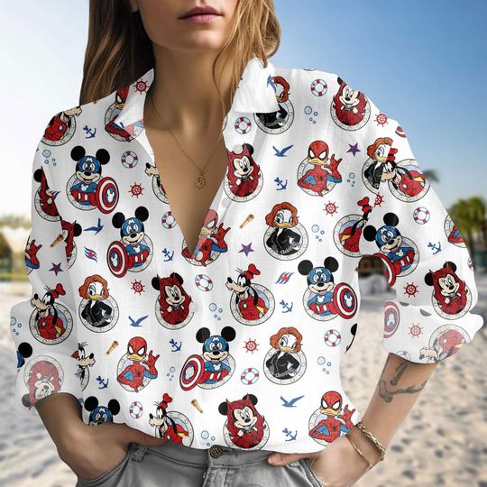 Discover Disney Superhero Cruise Squad Blouse Shirt, Day At Sea Mickey and Friends Cruise Linen-Look Shirt, Disney Superhero Cruise Blouse Shirt