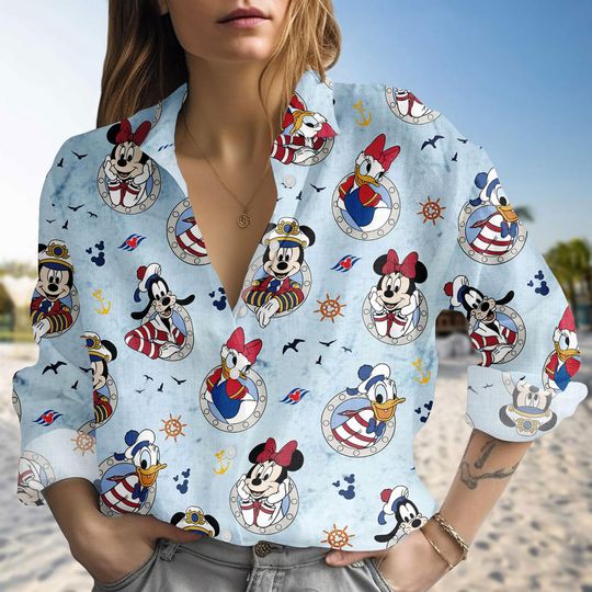 Discover Disney Nautical Linen-Look Shirt, Mickey Minnie Donald Daisy Sailor Shirt, Summer Button Up Shirt, Disney Cruise Blouse Women Shirt