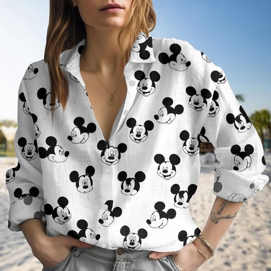 Discover Mickey Mouse Character Blouse Shirt, Disney Mickey Blouse Shirt, Gift for Her, Minimalist Cartoon Linen Top