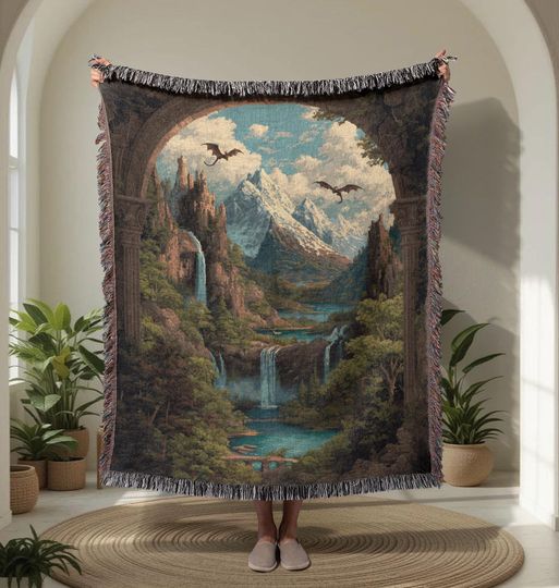 Discover Fantasy Reader Gift 100% Cotton Woven Blanket, Dragon Lover Hobby Throw Blanket, Gamer Friend Woven Tapestry, Mythical Castle Decor For D&D.