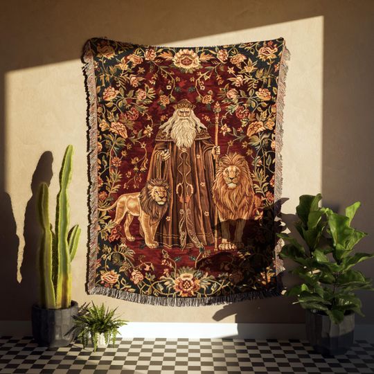 Discover Gryffin House Blanket | Wizard and Lion Wall Hanging | Decor for Bravery and Strength | Regal Medieval Tapestry