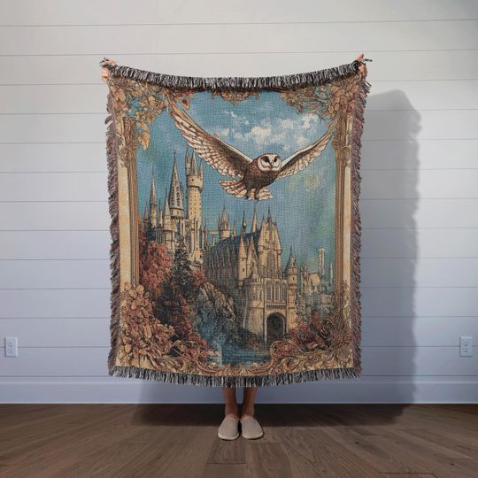 Discover Magical Wizard Castle and Owl Woven Blanket, Cozy Fantasy Throw for Bookish Decor, Reading Nooks, BookTok, Bookstagram Gift