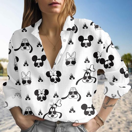 Discover Disneyland Blouse Casual Shirt, Mickey and Friends Character Shirt, Disney World Character Linen-Look Shirt, Disney Squad 2026, Gift For Her