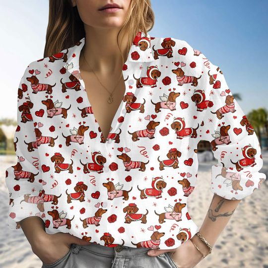 Discover Valentine Dachshund Casual Shirt For Women, Cute Dog Heart Print Shirt, Valentines Day Casual Button Top, Cute Valentine Blouse Shirt