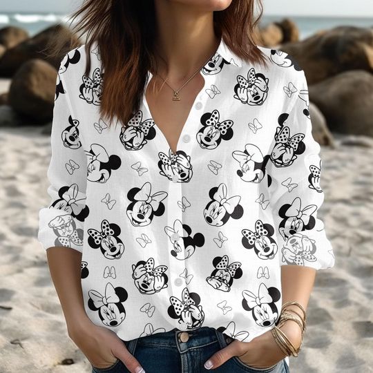Discover Disney Minnie Mouse Casual Shirt, Minnie Character Blouse Shirt, Disney Vacation Casual Button Up Shirt, Black White Minnie Shirt
