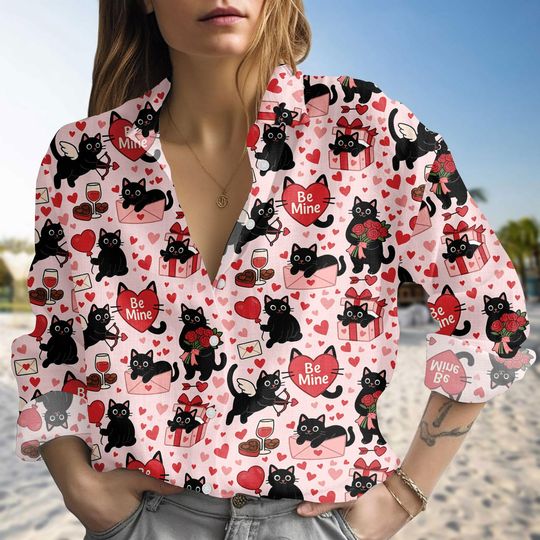 Discover Black Cat Valentine Blouse Shirt For Women, Cute Cat Heart Casual Shirt, Valentines Day Casual Top, Funny Cat Valentine Blouse Shirt