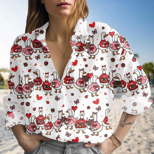 Discover Goose Valentine Casual Blouse Shirt, Cute Goose Heart Print Shirt, Valentines Day Casual Outfit, Valentine Casual Shirt, Gift For Her