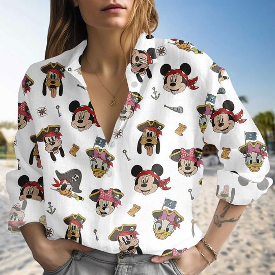 Discover Disney Pirate Crew Linen-Look Shirt, Mickey Minnie Donald Daisy Pluto Pirate Blouse Shirt, Nautical Disney Cruise Top, Halloween Gift