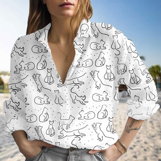 Discover Line Art Cat Blouse Shirt, White Cat Linen-Look Shirt, Minimalist Cat Blouse Women Shirt, Gift For Her, Blouse Women Shirt