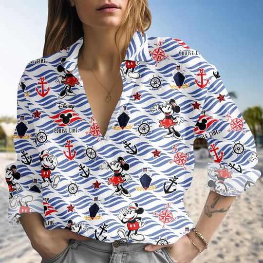 Discover Disney Cruise Line 2026 Blouse Shirt, Mickey Nautical Linen-Look Shirt, Summer Cruise Outfit Gift, Disney Cruise Trip Blouse Women Shir