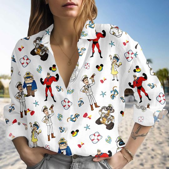 Discover Disney Cruise Pixar Blouse Shirt, Wall E Toy Story Blouse Women Shirt, Disney Cruise Vacation Button Up Top, Summer Resort Shirt