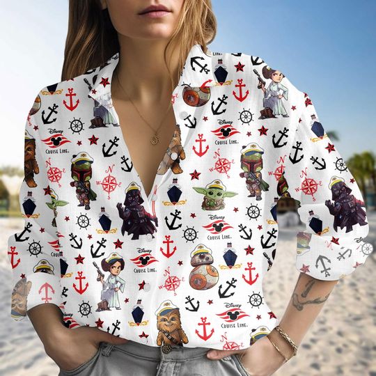 Discover Star Wars Disney Cruise Blouse Shirt, Grogu BB8 Darth Vader Cruise Linen-Look Shirt, Disney Cruise Vacation Button Up, Fan Gift Shirt