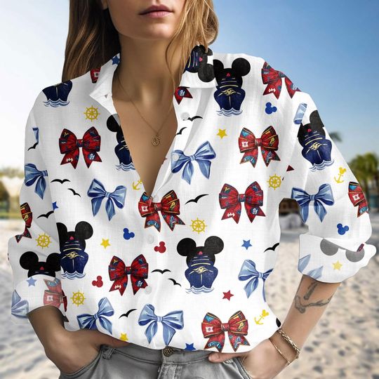 Discover Disney Mickey Cruise Bow Blouse Shirt, Nautical Bow Linen-Look Shirt, Vacation Cruise Outfit, Disney Wish Button Up Shirt, Gift For Her