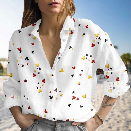 Discover Mickey Mouse Linen-Look Shirt, Minimal Disney Blouse Shirt, Disney Button Up Shirt, Casual Disney Style, Gift For Women