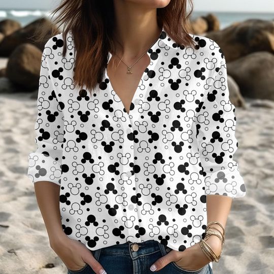 Discover Mickey Mouse Icon Linen-Look Shirt, Disney Black White Mickey Head Blouse Shirt, Casual Disney Shirt, Cute Disney Blouse Women Shirt