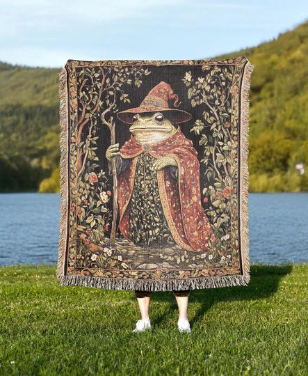 Discover Wizard Frog Woven Blanket, Toad Lover Medieval Woven Throw, Magical Fantasy Home Decor Tapestry