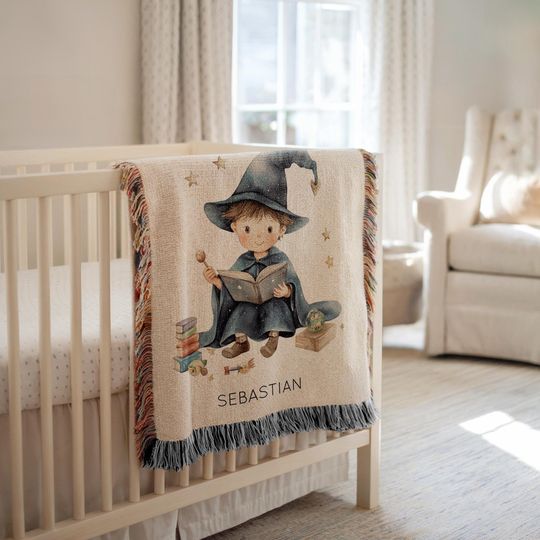 Discover Personalized Boy Wizard Baby Blanket, Custom Name Magic Nursery Throw, Sorcerer Reading Baby Shower Gift for Boys