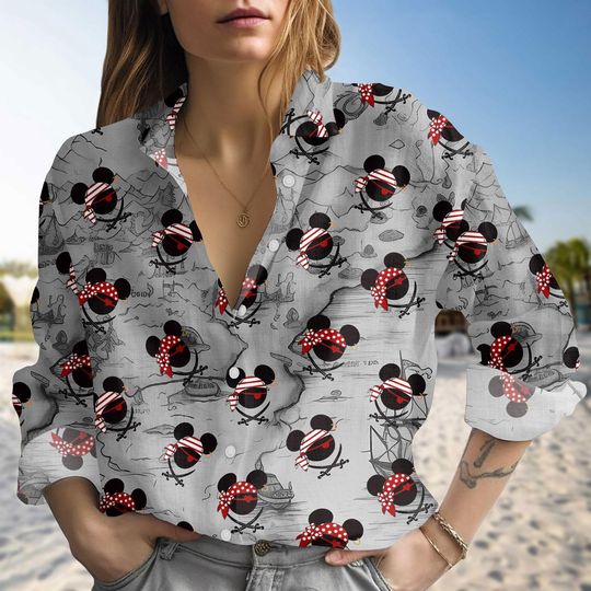 Discover Disney Pirate Skull Blouse Shirt, Mickey Pirate Button Up, Yo Ho Yo Ho A Pirate's Life for Me Shirt, Disney Cruise Trip Casual Shirt