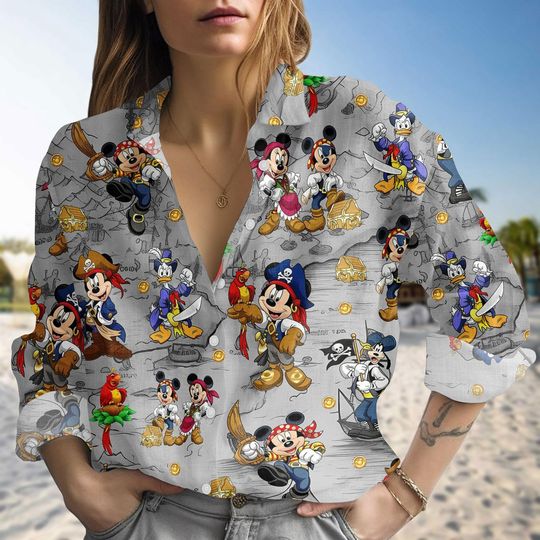 Discover Disney Mickey Pirates Linen-Look Shirt, Pirates of The Caribbean Blouse Shirt, Disneyworld Trip Shirt, Mickey Minnie Pirate Casual Shir