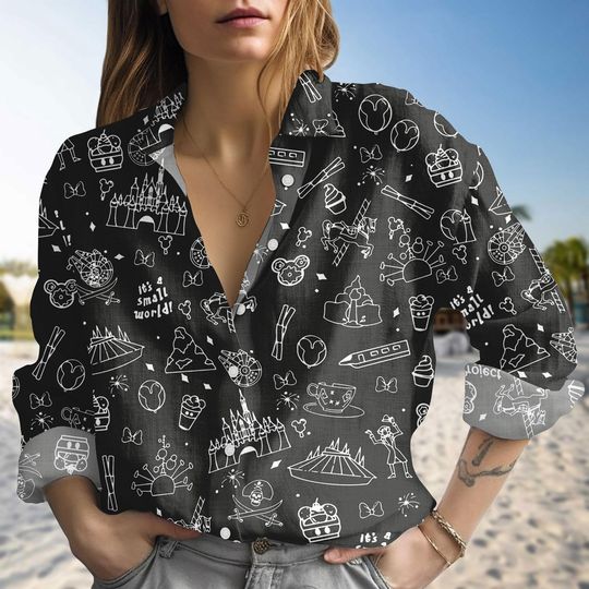 Discover Disney Sketch Linen-Look Shirt, Disney Theme Park Blouse Shirt, Casual Button Up Top, Minimal Disney Style, Gift For Women