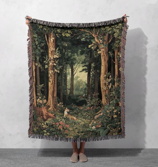 Enchanted Forest Woven Blanket, Nature Tapestry, Woodland Cozy Throw