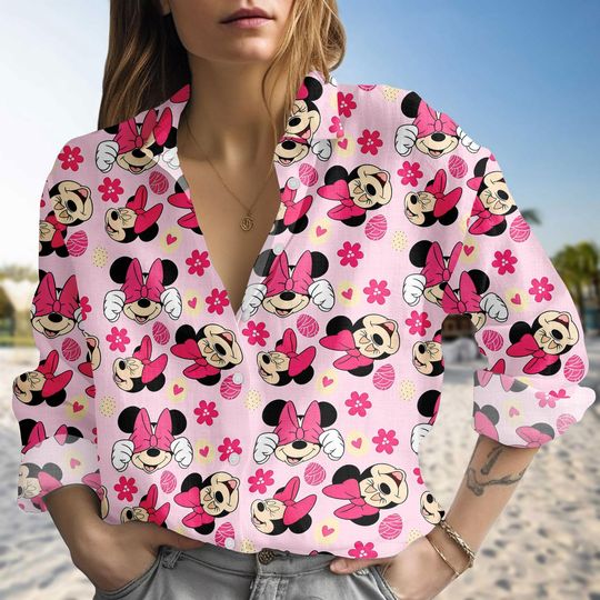 Discover Minnie Mouse Linen-Look Shirt, Pink Disney Cartoon Blouse Shirt, Disney Valentine Blouse Shirt, Cute Summer Button Up Top, Gift For Her