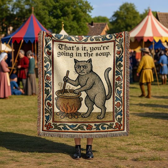Discover Weird Medieval Cat Woven Tapestry | Funny Quirky Magical Throw Blanket | Witchy Vintage Bookish Home Decor Gift | you're going in the soup
