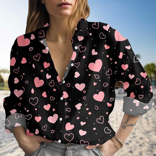 Discover Pink Heart Blouse Shirt, Love Pattern Button Up Shirt, Valentine Women Blouse Shirt, Valentine Gift, Gift For Her, Women, Blouse Women