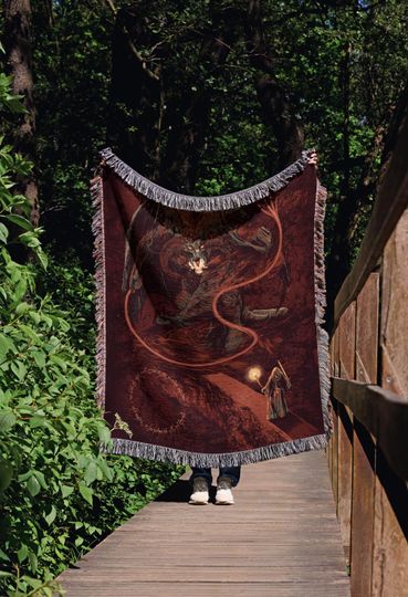 Discover Grey Robed Wizard vs Fire Demon Woven Blanket: Epic Bridge Battle Tapestry - Shadow and Flame Art - Motivational Decor - Fantasy Book Gift