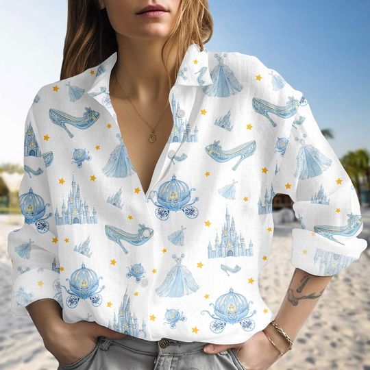 Discover Disney Cinde Linen-Look Shirt, Disney Princess Castle Button Up, Fairy Tale Vacation Blouse Shirt, Disney Casual Blouse Shirt