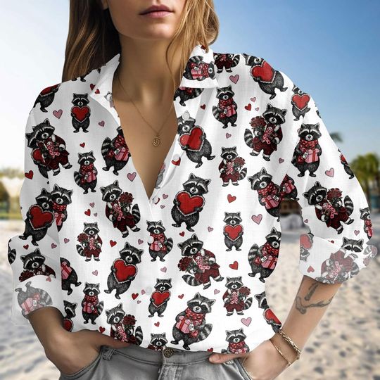 Discover Raccoon Valentine Linen-Look Shirt, Cute Heart Animal Blouse Shirt, Romantic Gift Shirt, Valentine Blouse Women Shirt, Gift For Her