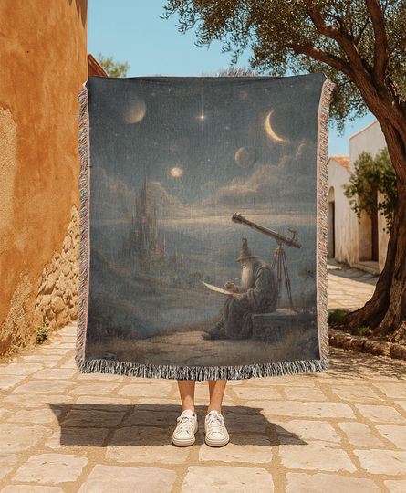 Discover Fantasy Wizard Astronomy Woven Blanket, Magical Star Gazer Woven Blanket, Mystical Castle Moonlight Woven Blanket, Illustration